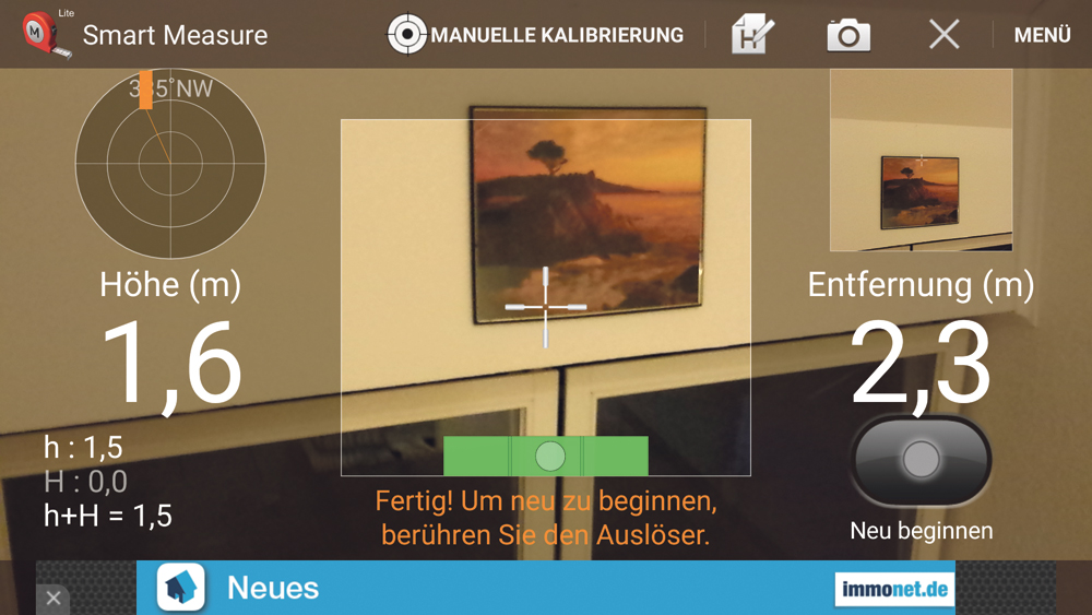 Mit der App „Smart Measure“ von Smart Tools co. (v1.6.3a, 19.04.2016) lässt sich die Höhe von Gegenständen oder Gebäuden bestimmen.