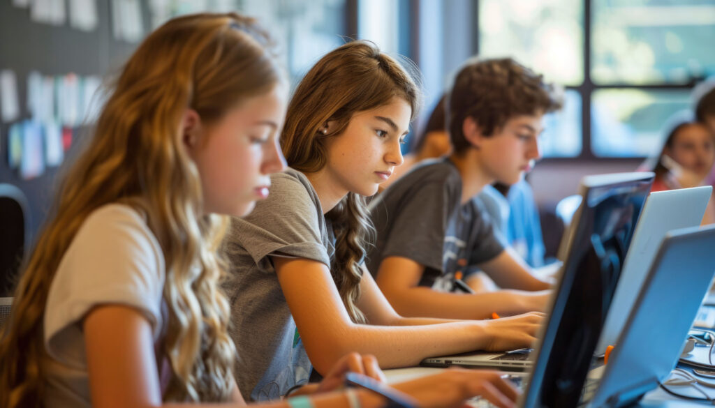 Schülerinnen und Schüler am Laptop