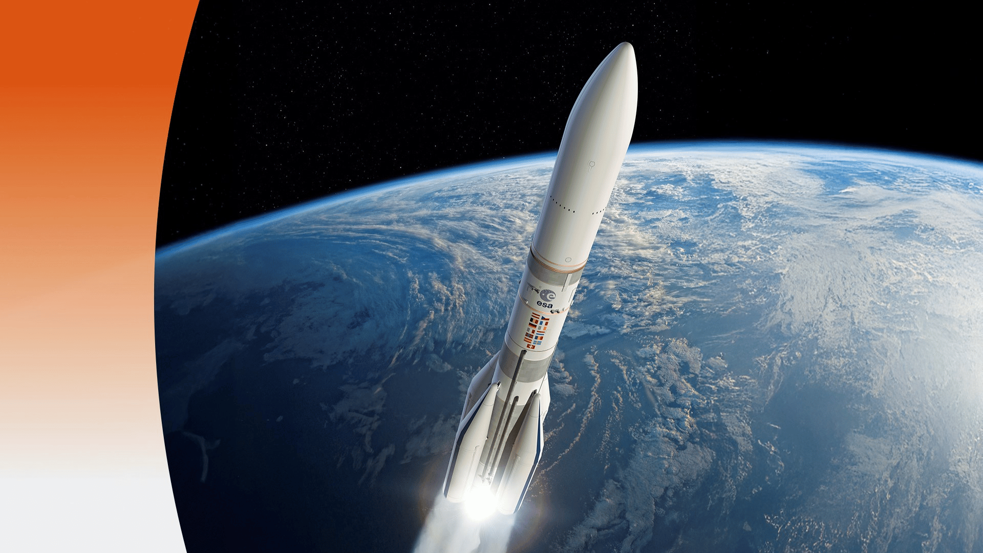 Start einer Rakete der ESA über der Erde mit Blick auf den Planeten und den Weltraum im Hintergrund.