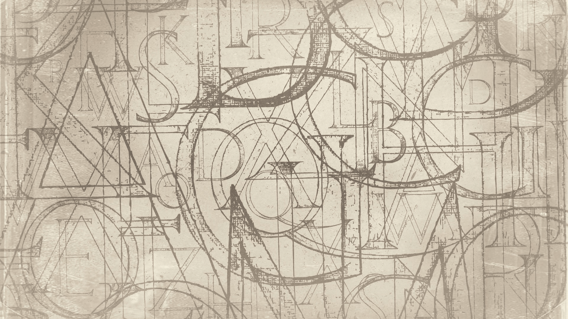 Ein kunstvoll gestalteter Hintergrund mit überlappenden Buchstaben und geometrischen Linien in einem sepiafarbenen Ton.