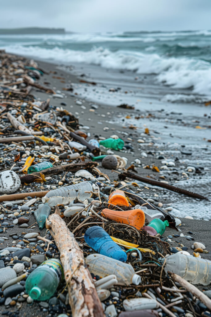 Strand, an dem viel Plastikmüll angespült wurde
