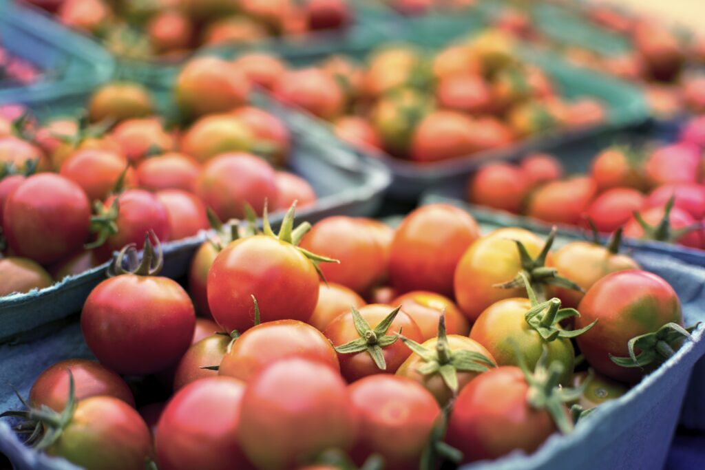 Viele rote Tomaten in Verpackungen