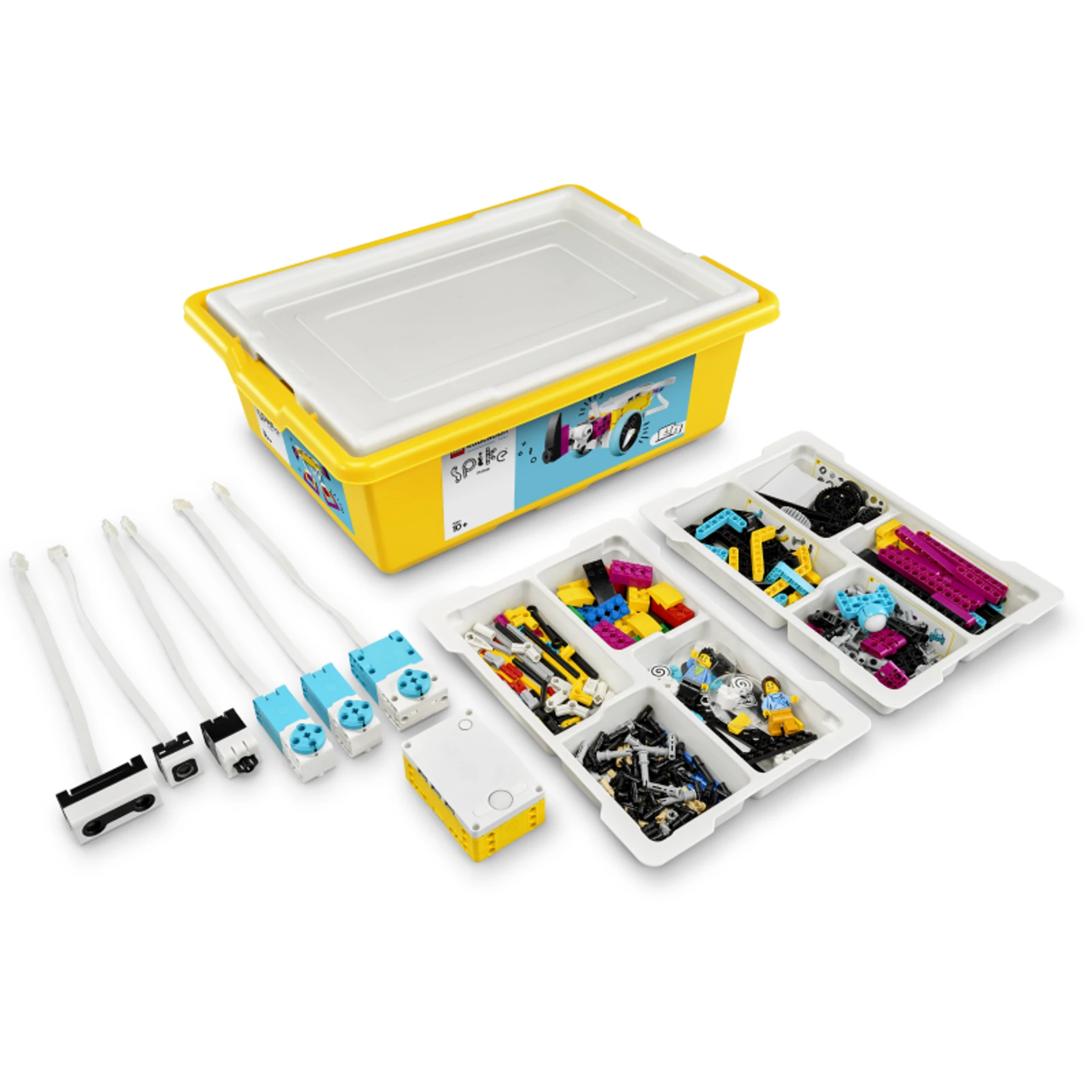 as LEGO® Education SPIKE™ Prime Set mit gelber Aufbewahrungsbox, sortierten LEGO-Bausteinen, Motoren, Sensoren und programmierbarem Hub