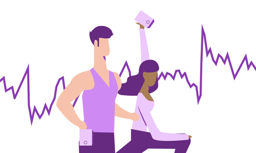Illustration eines Mannes und einer Frau, die mit Sensoren Sport treiben, während im Hintergrund ein Diagramm mit Datenkurven zu sehen ist.