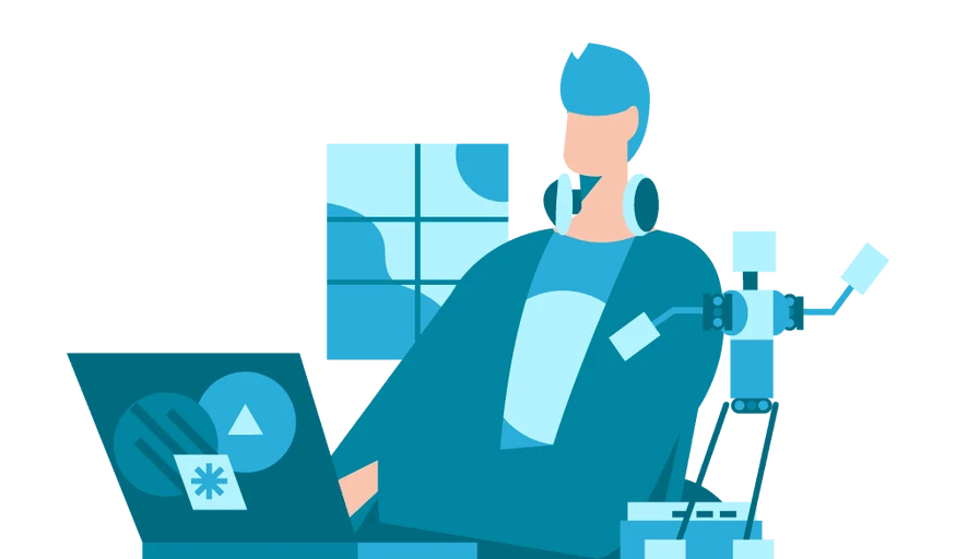 Illustration einer Person mit Headset, die an einem Computer arbeitet, während im Hintergrund ein kleiner Roboter sichtbar ist.