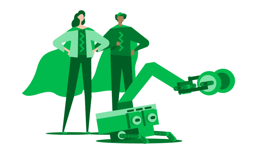 Illustration von zwei Personen in Superhelden-Posen neben einem programmierbaren Roboter mit Greifarm und Kettenantrieb