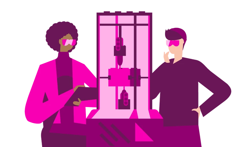 Illustration von zwei Personen mit Schutzbrillen, die eine wissenschaftliche Apparatur oder eine Maschine analysieren.