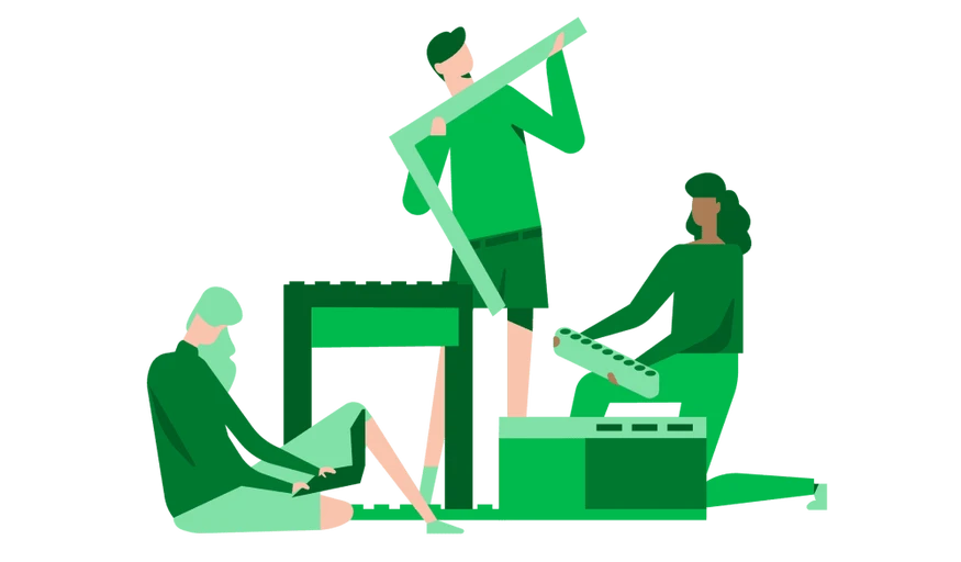 Illustration von drei Personen, die gemeinsam ein mechanisches Modell konstruieren und Bauelemente zusammenfügen.