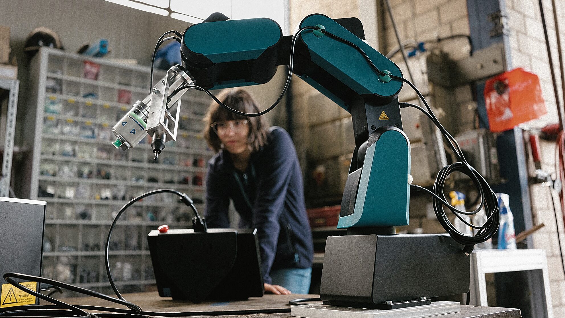Junge Frau steht mit Schutzbrille hinter einem elektronischen Robotergreifarm und beobachtet, was passiert